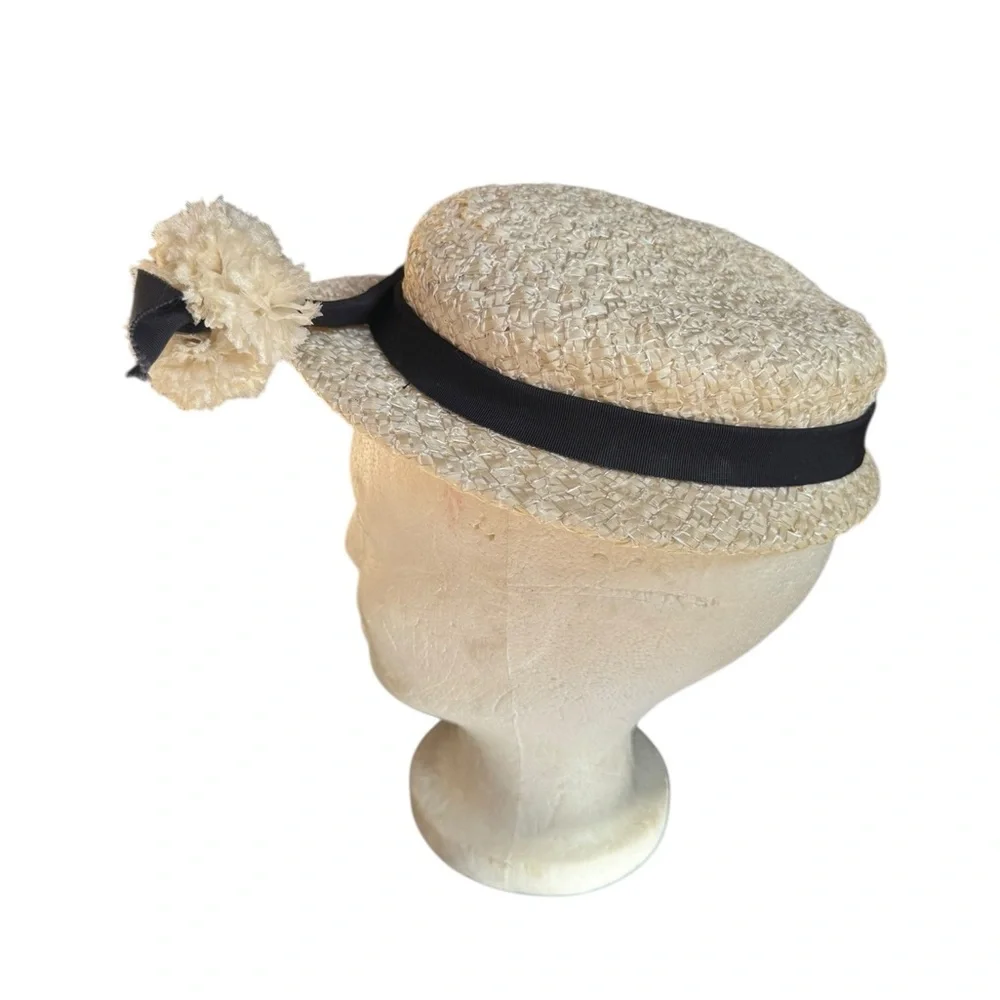1940s/50s Dolly Madison‎ Raffia Straw Hat w/Pompom Embellishment & Black Ribbon - Picture 2 of 7